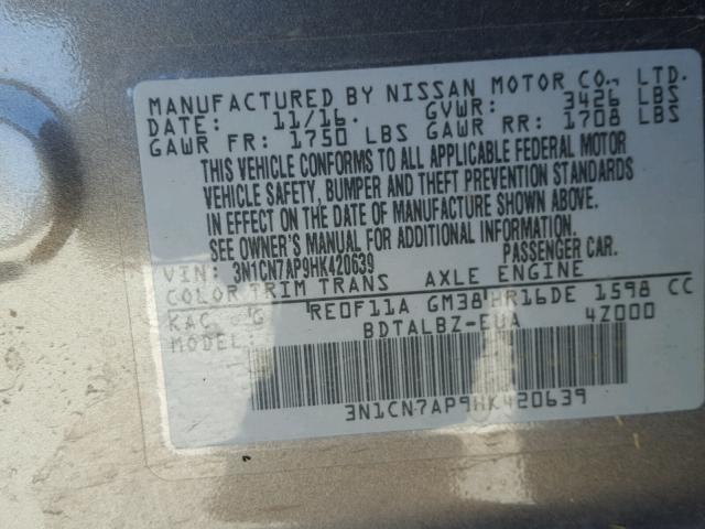 3N1CN7AP9HK420639 - 2017 NISSAN VERSA S GRAY photo 10