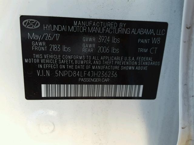 5NPD84LF4JH236236 - 2018 HYUNDAI ELANTRA SE WHITE photo 10