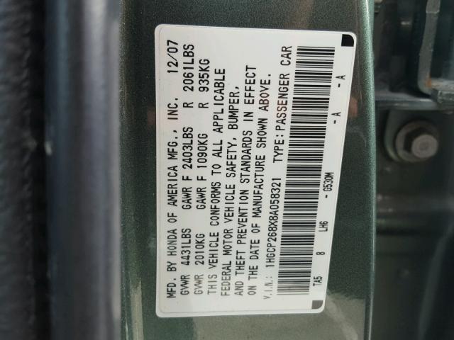 1HGCP268X8A058321 - 2008 HONDA ACCORD EXL GREEN photo 10