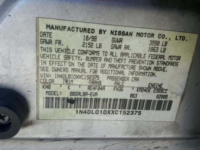 1N4DL01DXXC152375 - 1999 NISSAN ALTIMA XE GRAY photo 10