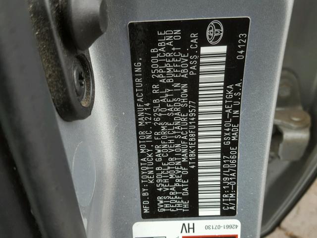 4T1BK1EB8FU149577 - 2015 TOYOTA AVALON XLE GRAY photo 10