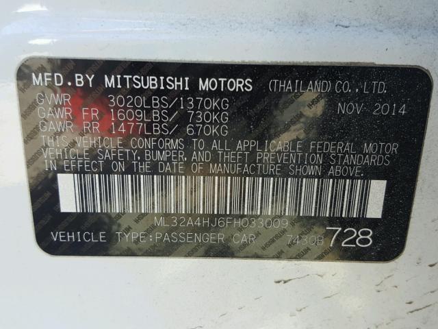 ML32A4HJ6FH033009 - 2015 MITSUBISHI MIRAGE ES WHITE photo 10
