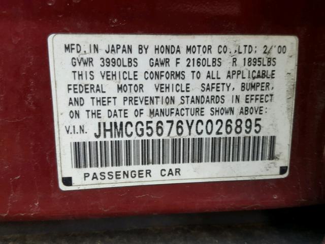 JHMCG5676YC026895 - 2000 HONDA ACCORD SE RED photo 10