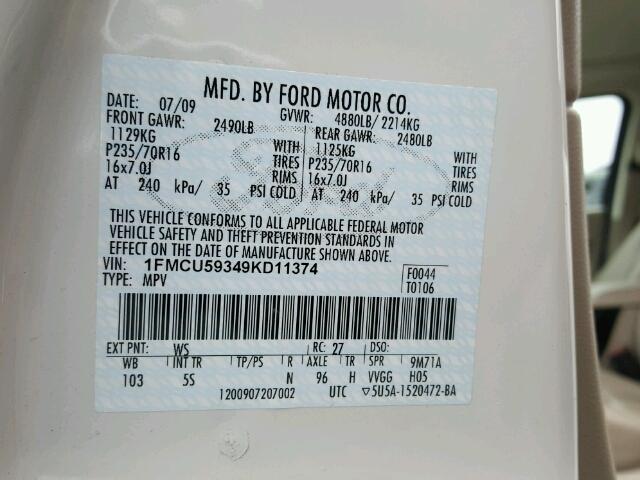 1FMCU59349KD11374 - 2009 FORD ESCAPE HYB WHITE photo 10