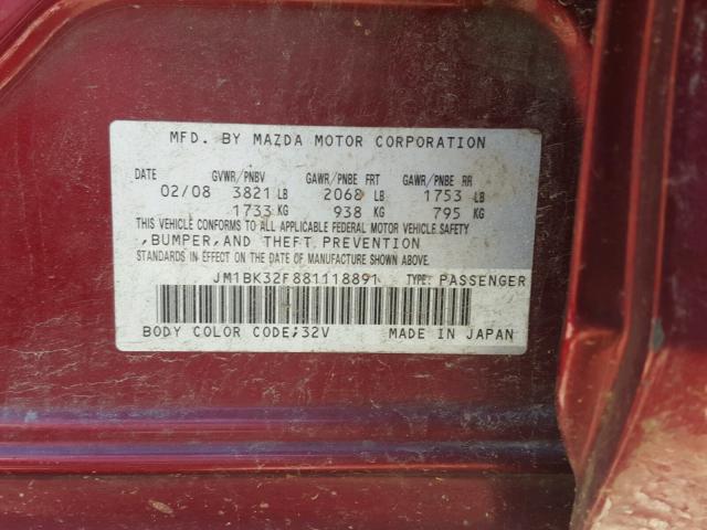 JM1BK32F881118891 - 2008 MAZDA 3 I MAROON photo 10