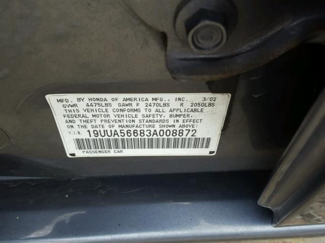 19UUA56683A008872 - 2003 ACURA 3.2TL GRAY photo 10