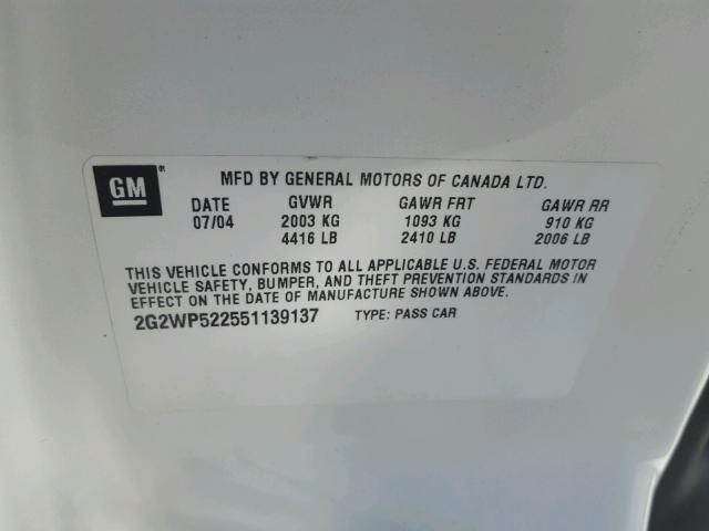 2G2WP522551139137 - 2005 PONTIAC GRAND PRIX WHITE photo 10