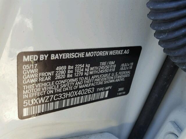 5UXWZ7C33H0X40263 - 2017 BMW X3 SDRIVE2 WHITE photo 10