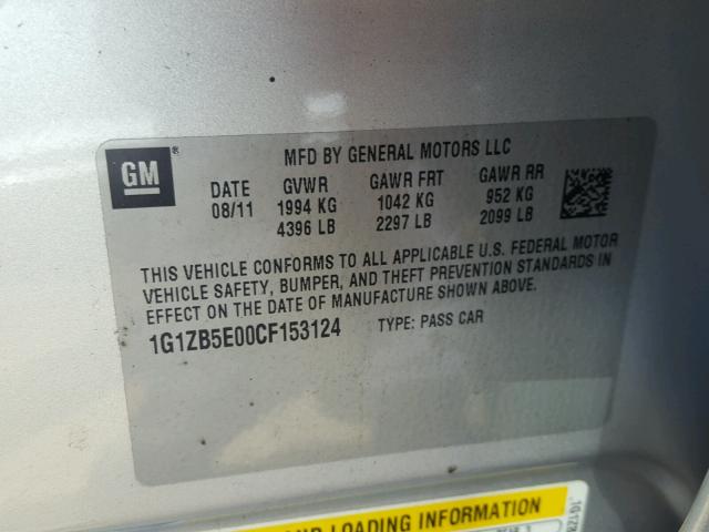 1G1ZB5E00CF153124 - 2012 CHEVROLET MALIBU LS ვერცხლისფერი ფოტო 10