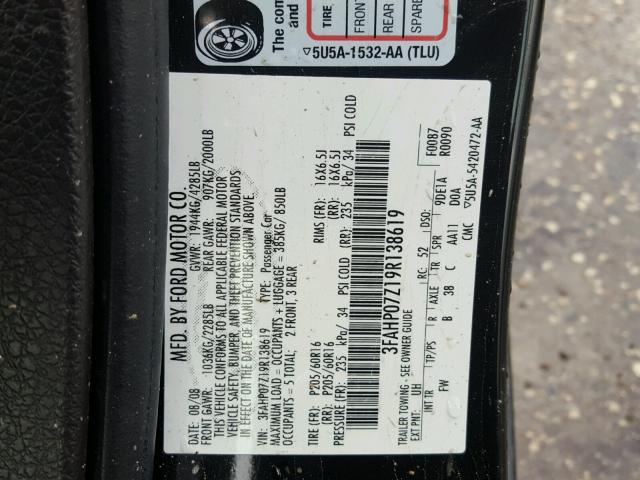 3FAHP07Z19R138619 - 2009 FORD FUSION SE BLACK photo 10