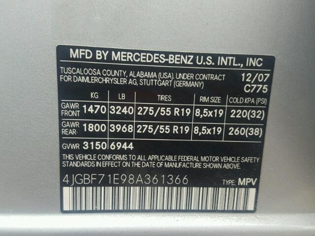 4JGBF71E98A361366 - 2008 MERCEDES-BENZ GL 450 4MA SILVER photo 10