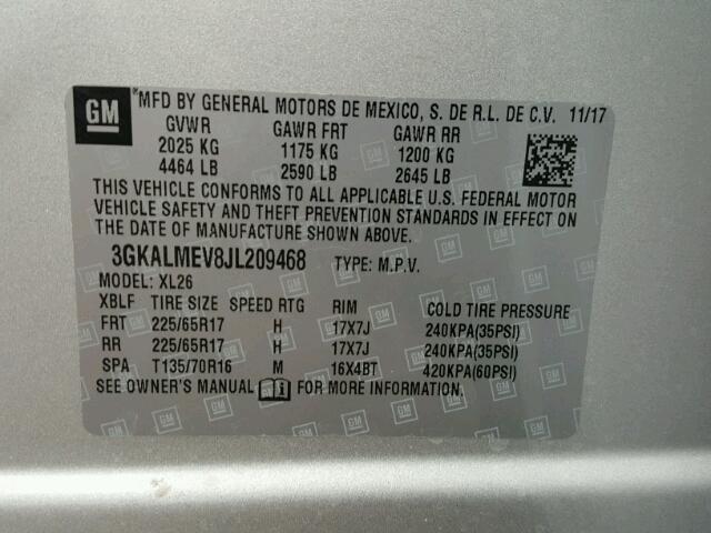 3GKALMEV8JL209468 - 2018 GMC TERRAIN SL SILVER photo 10