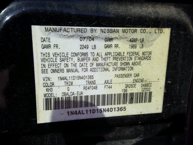 1N4AL11D15N401365 - 2005 NISSAN ALTIMA S BLACK photo 10