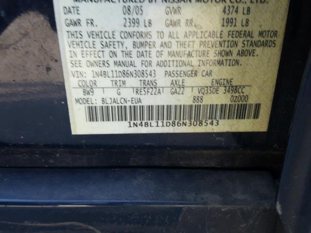 1N4BL11D86N308543 - 2006 NISSAN ALTIMA SE BLUE photo 10