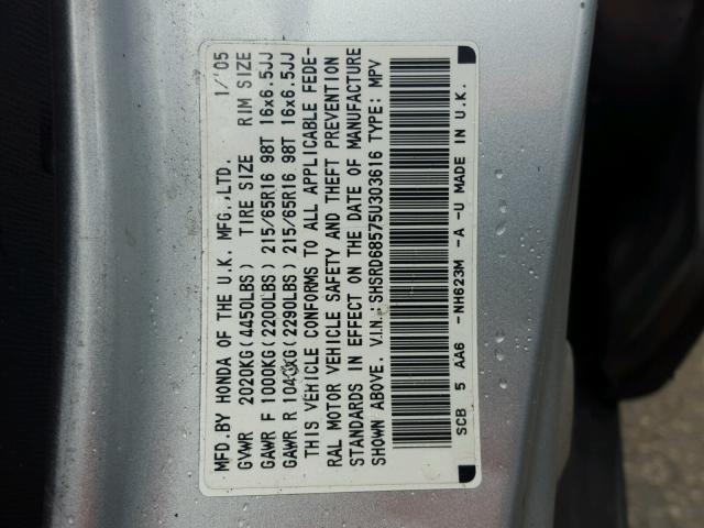 SHSRD68575U303616 - 2005 HONDA CR-V LX SILVER photo 10