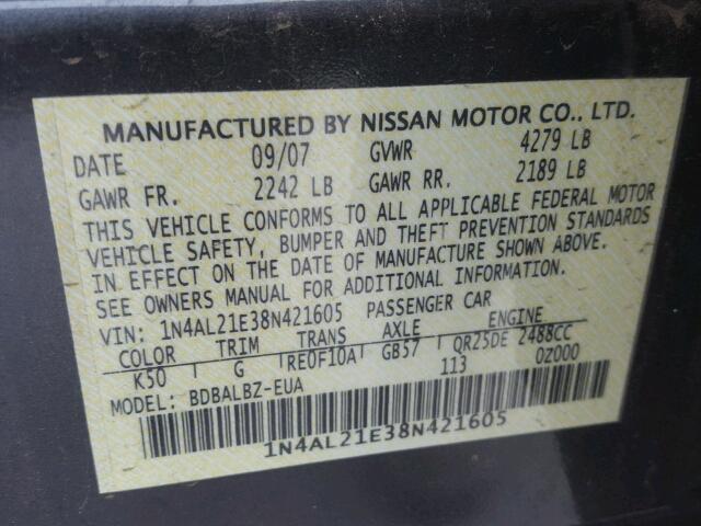 1N4AL21E38N421605 - 2008 NISSAN ALTIMA 2.5 GRAY photo 10