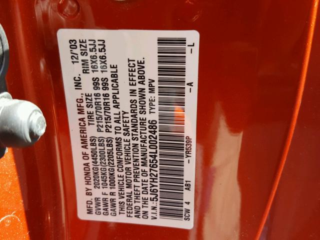 5J6YH27654L002486 - 2004 HONDA ELEMENT EX ORANGE photo 10