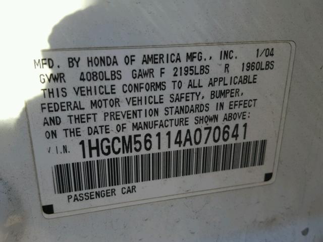 1HGCM56114A070641 - 2004 HONDA ACCORD DX WHITE photo 10