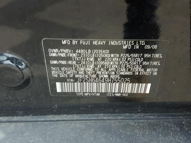 JF2SH64649H755025 - 2009 SUBARU FORESTER 2 BLACK photo 10