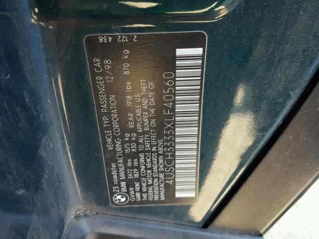 4USCH3333XLF40560 - 1999 BMW Z3 2.8 GREEN photo 10