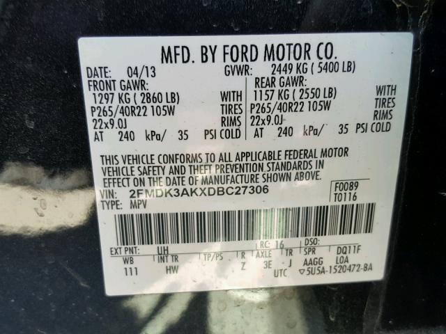 2FMDK3AKXDBC27306 - 2013 FORD EDGE SPORT BLACK photo 10