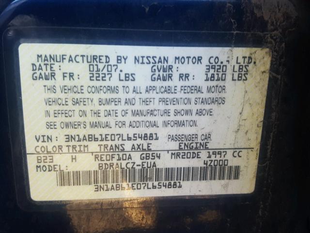 3N1AB61E07L654881 - 2007 NISSAN SENTRA 2.0 BLUE photo 10