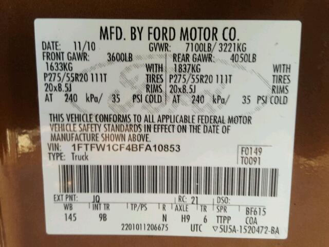 1FTFW1CF4BFA10853 - 2011 FORD F150 SUPER BROWN photo 10