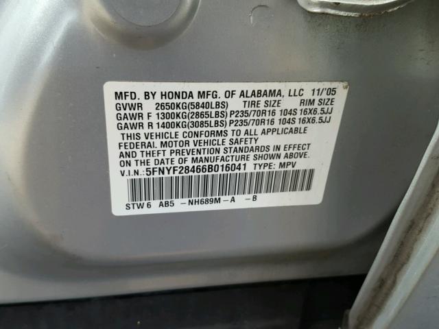 5FNYF28466B016041 - 2006 HONDA PILOT EX SILVER photo 10