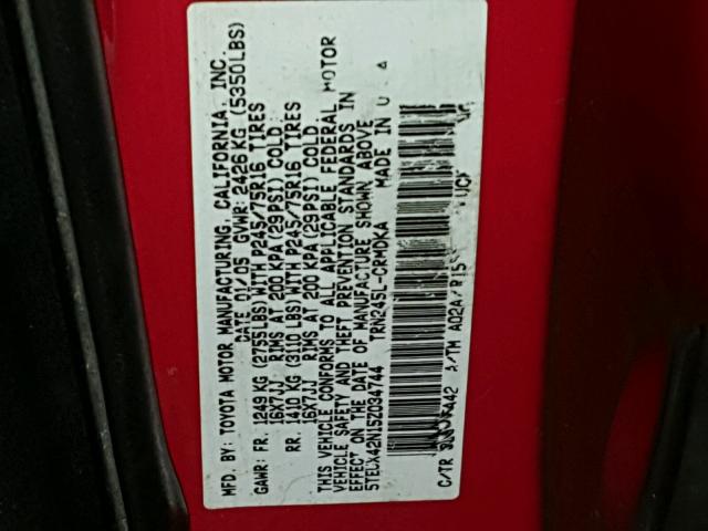 5TEUX42N15Z034744 - 2005 TOYOTA TACOMA ACC RED photo 10