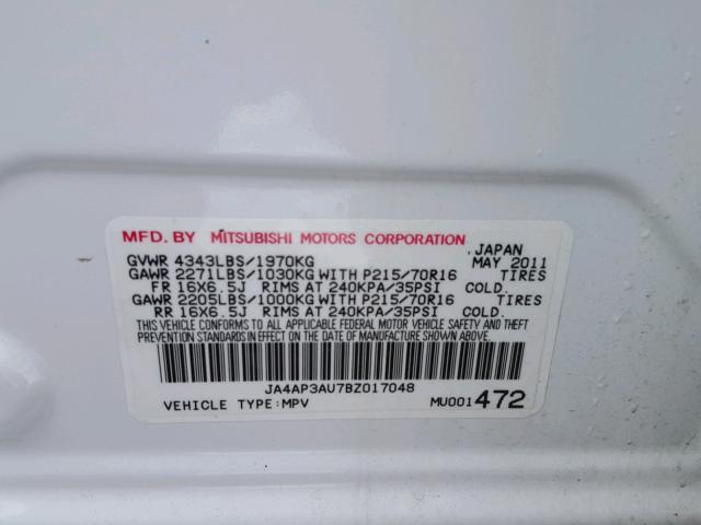 JA4AP3AU7BZ017048 - 2011 MITSUBISHI OUTLANDER WHITE photo 10