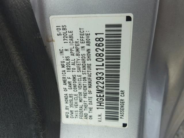 1HGEM22931L082681 - 2001 HONDA CIVIC SI SILVER photo 10