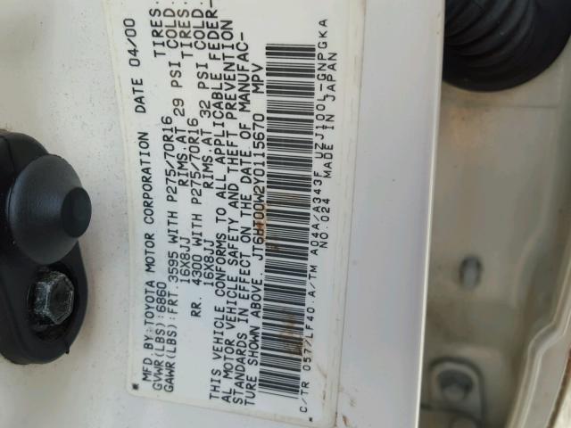 JT6HT00W2Y0115670 - 2000 LEXUS LX 470 WHITE photo 10