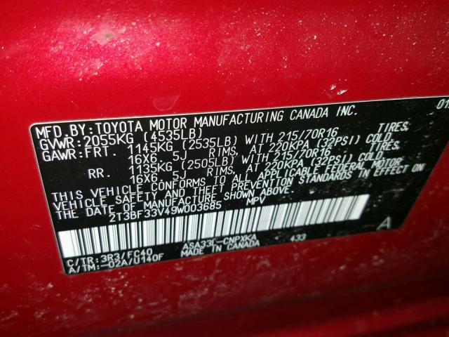 2T3BF33V49W003685 - 2009 TOYOTA RAV4 RED photo 10