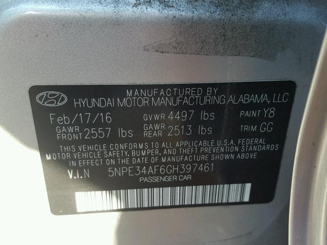 5NPE34AF6GH397461 - 2016 HYUNDAI SONATA SPO SILVER photo 10