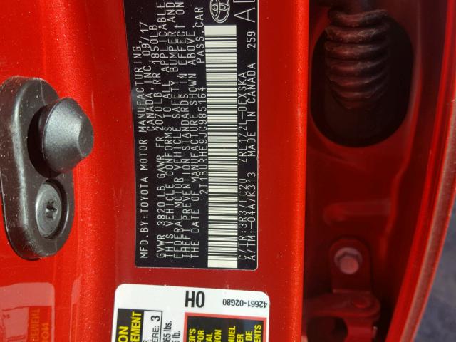 2T1BURHE9JC985164 - 2018 TOYOTA COROLLA L RED photo 10