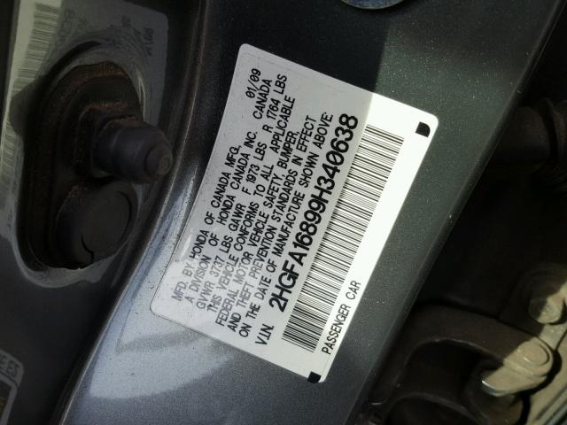 2HGFA16899H340638 - 2009 HONDA CIVIC EX CHARCOAL photo 10