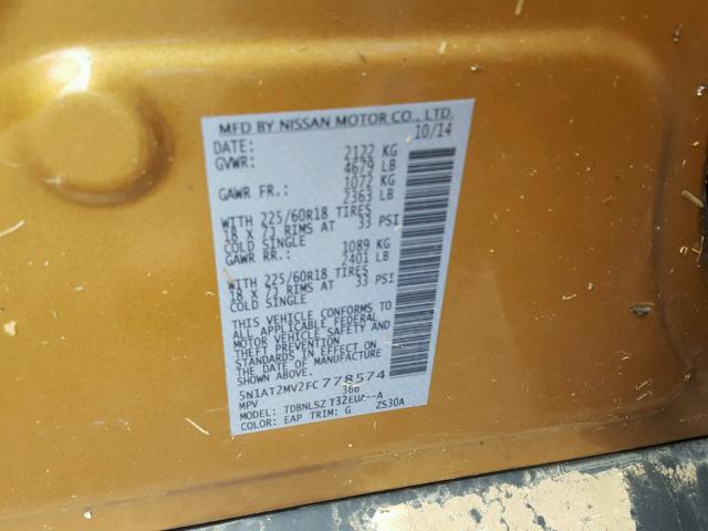 5N1AT2MV2FC778574 - 2015 NISSAN ROGUE S GOLD photo 10