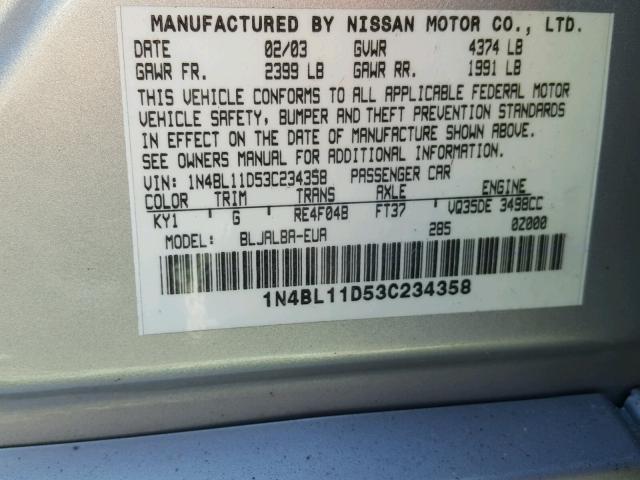 1N4BL11D53C234358 - 2003 NISSAN ALTIMA SE SILVER photo 10