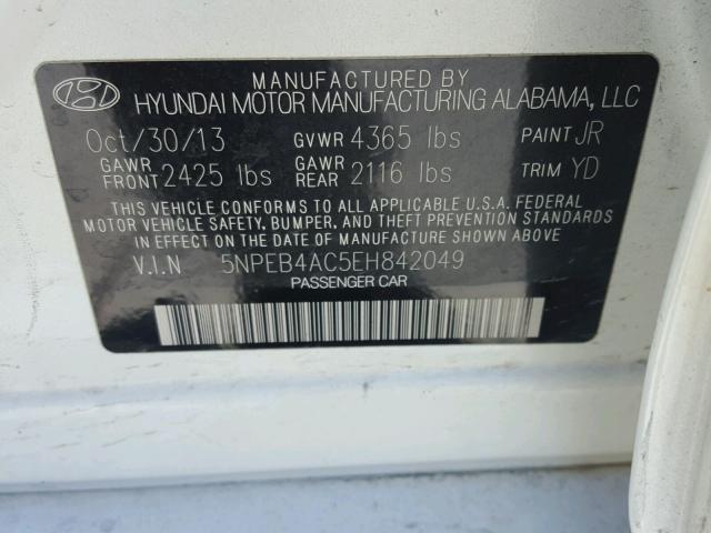 5NPEB4AC5EH842049 - 2014 HYUNDAI SONATA GLS WHITE photo 10