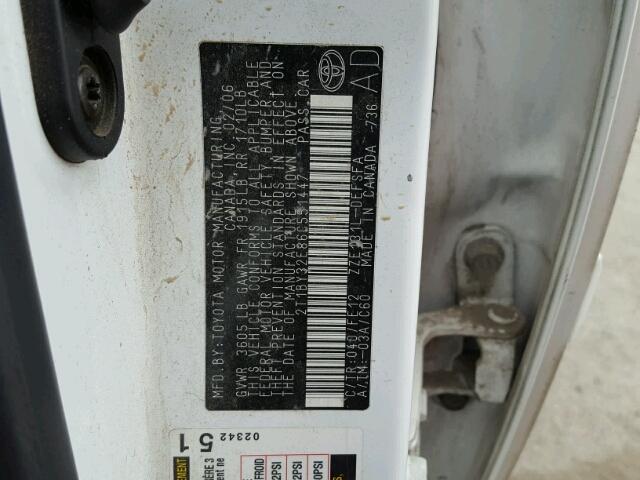 2T1BY32E86C551447 - 2006 TOYOTA COROLLA XR 白色 照片 10