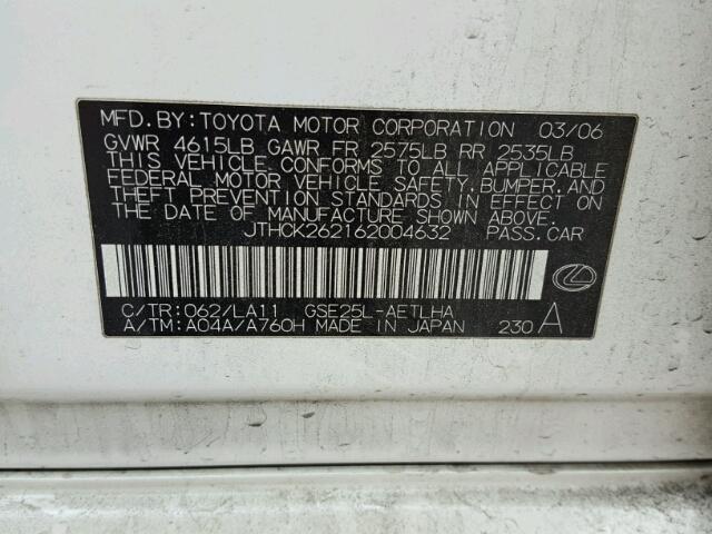 JTHCK262162004632 - 2006 LEXUS IS 250 WHITE photo 10