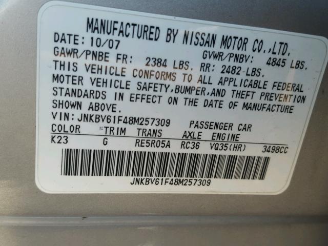 JNKBV61F48M257309 - 2008 INFINITI G35 SILVER photo 10