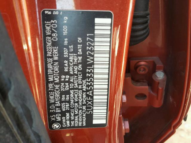 5UXFA53533LW23271 - 2003 BMW X5 3.0I RED photo 10