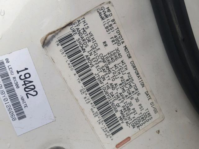 JT6HF10U8Y0126068 - 2000 LEXUS RX 300 WHITE photo 10