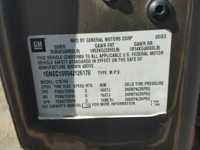 1GNEC13V94J126178 - 2004 CHEVROLET TAHOE C150 GOLD photo 10