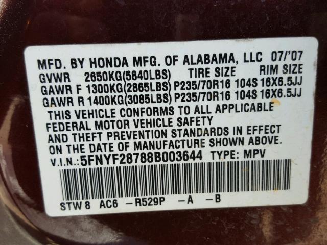 5FNYF28788B003644 - 2008 HONDA PILOT EXL MAROON photo 10