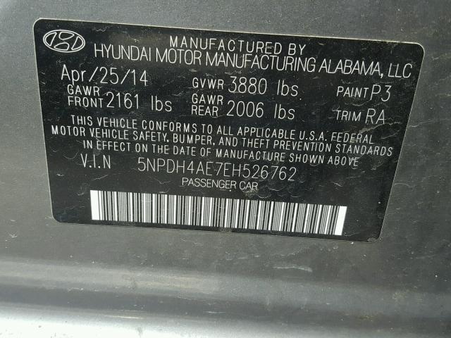 5NPDH4AE7EH526762 - 2014 HYUNDAI ELANTRA SE CHARCOAL photo 10