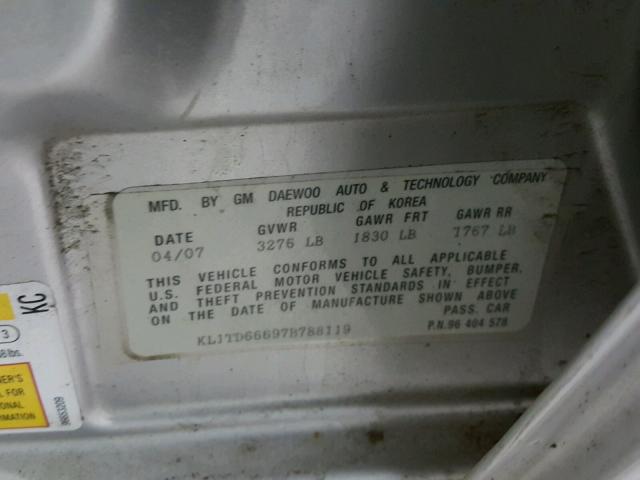 KL1TD66697B788119 - 2007 CHEVROLET AVEO BASE Boz foto 10