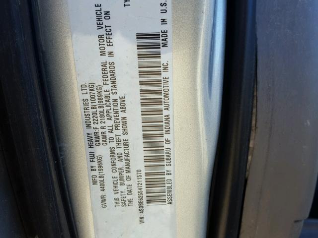 4S3BE625547211570 - 2004 SUBARU LEGACY SILVER photo 10