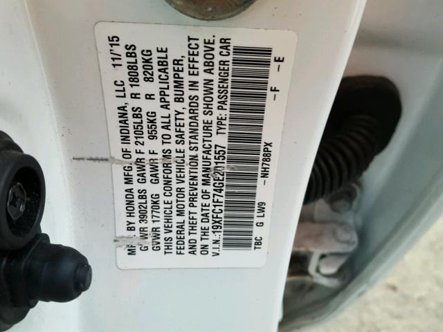 19XFC1F74GE201557 - 2016 HONDA CIVIC EXL WHITE photo 10